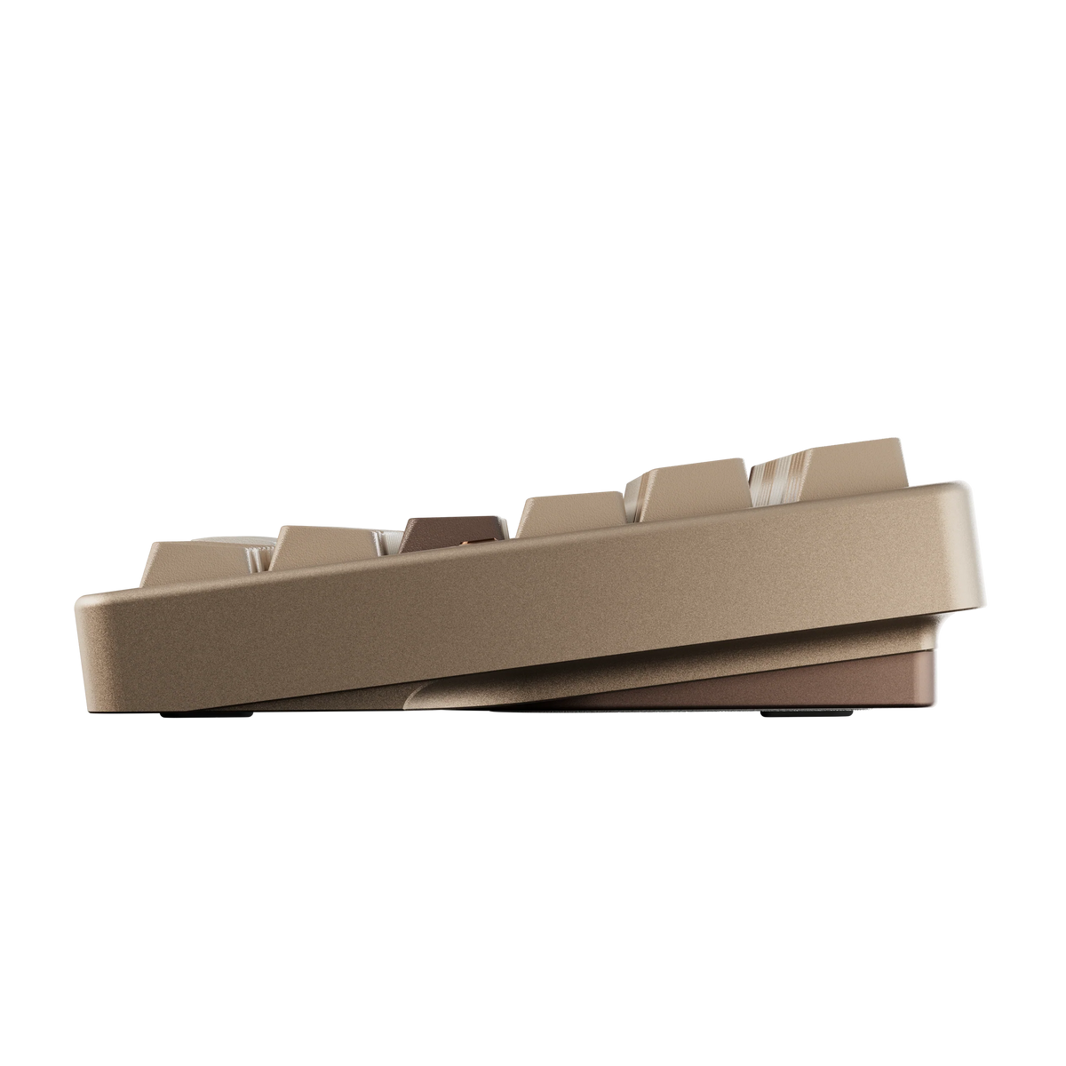 Evo80 80% TKL mechanical keyboard in anodized sandgold, side profile view 