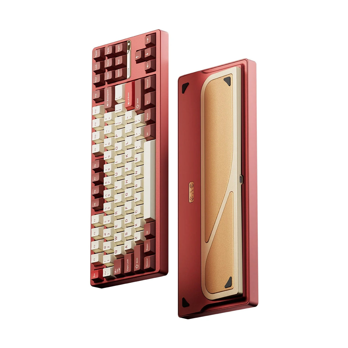 Evo80 80% TKL mechanical keyboard in anodized scarlet, top and bottom view 