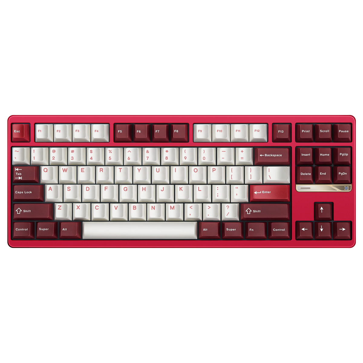 Evo80 80% TKL mechanical keyboard in anodized scarlet, top-down front view 