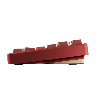 Evo80 80% TKL mechanical keyboard in anodized scarlet, side profile view 