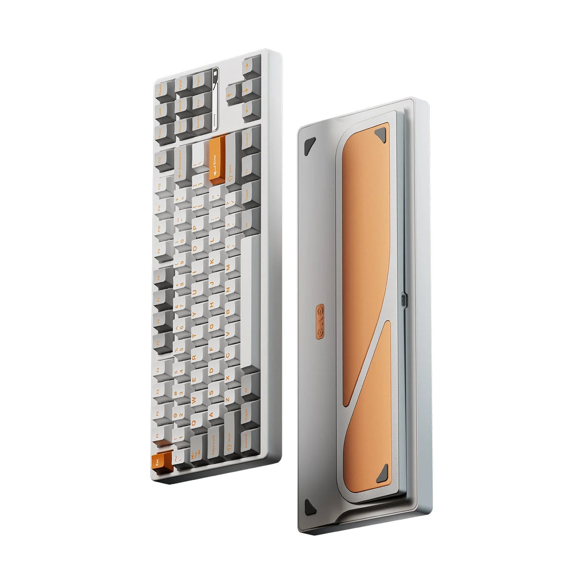 Evo80 80% TKL mechanical keyboard in spray-coated spark, top and bottom view 