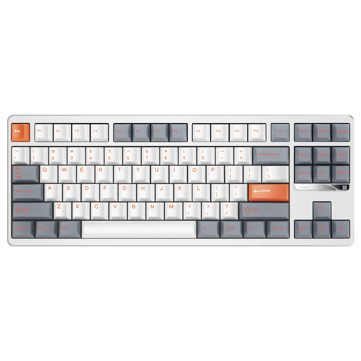 Evo80 80% TKL mechanical keyboard in spray-coated spark, top-down front view 