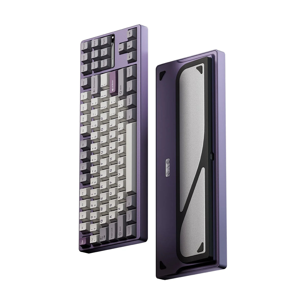 Evo80 80% TKL mechanical keyboard in anodized tyrian, top and bottom view 