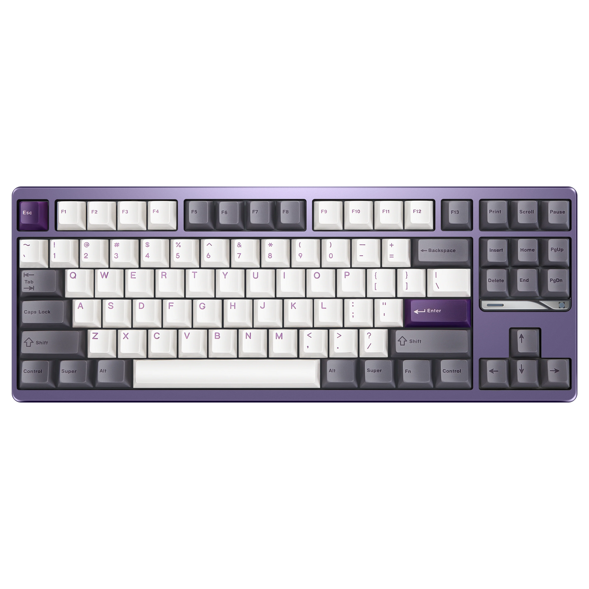 Evo80 80% TKL mechanical keyboard in anodized tyrian, top-down front view 