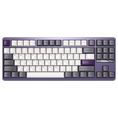 Evo80 80% TKL mechanical keyboard in anodized tyrian, top-down front view 
