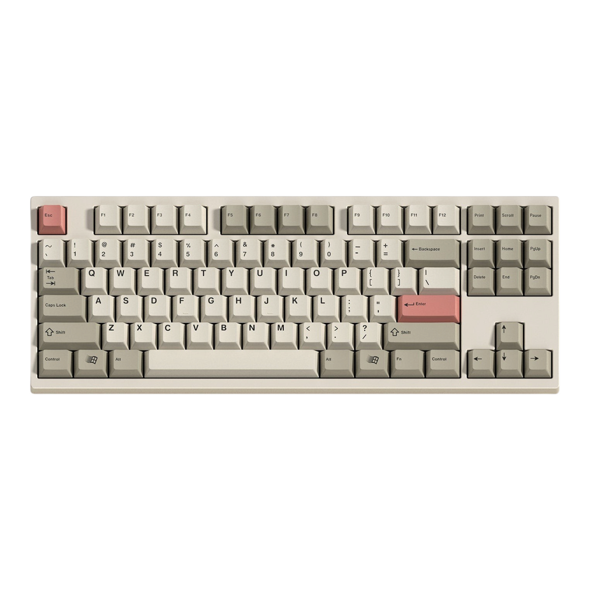 OZO Keyboards 9009 Retro PBT keycap set on a mechanical keyboard with beige, gray, green, and red accents