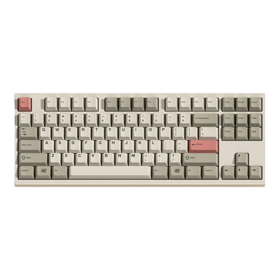 OZO Keyboards 9009 Retro PBT keycap set on a mechanical keyboard with beige, gray, green, and red accents
