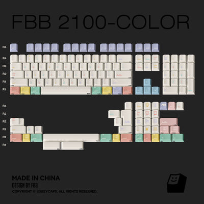 A color-coded layout diagram of a mechanical keyboard keycap set labeled 'FBB 2100-COLOR' on a dark background. The diagram shows multiple rows of keycaps in pastel shades of purple, blue, pink, yellow, green, and orange, each mapped to a corresponding row label.