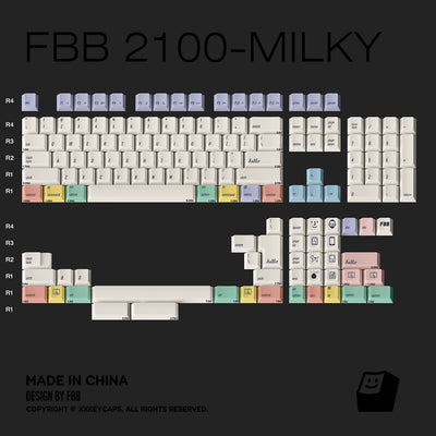 A full mechanical keyboard keycap layout preview labeled 'FBB 2100-MILKY' on a dark background. The design shows the entire keyboard with many pastel-colored keycaps arranged in rows: mostly warm off-white/cream keys, with lavender, light blue, pink, mint, yellow, and peach accents.