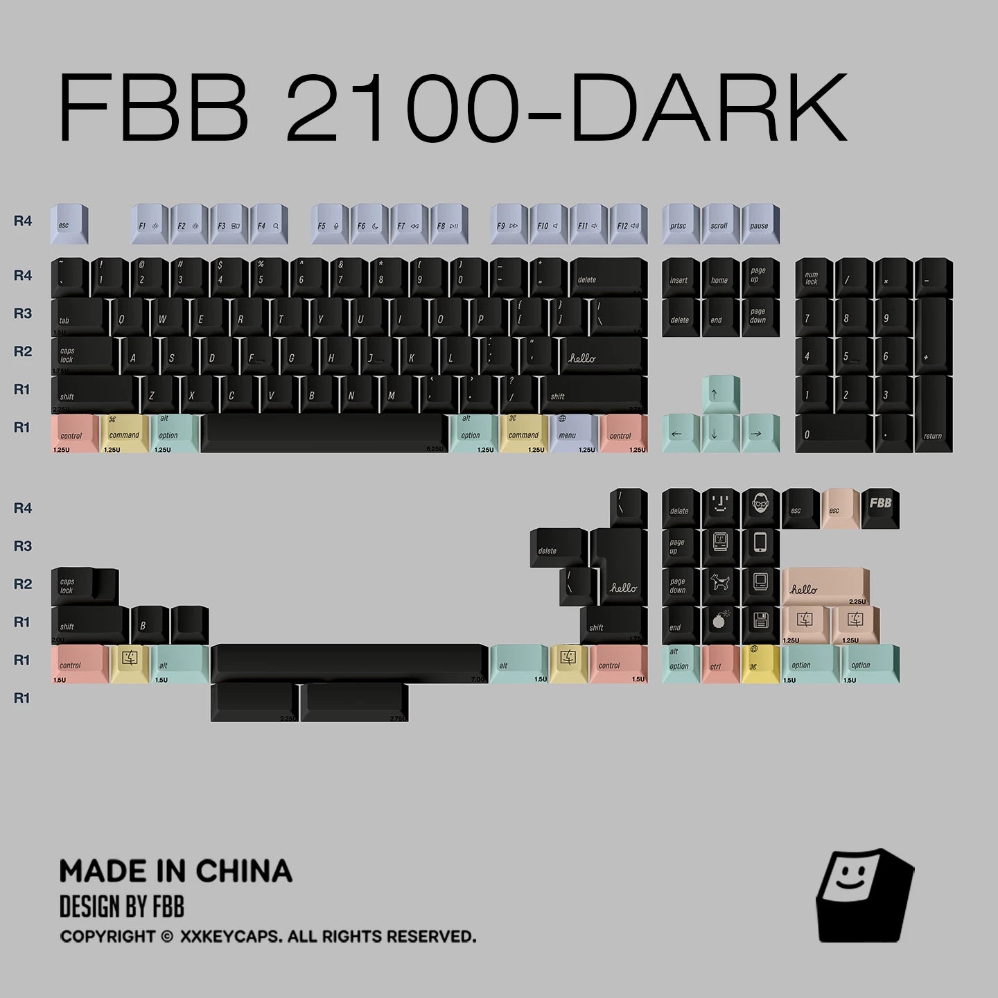 A top-down layout of a mechanical keyboard keycap set labeled FBB 2100-DARK, showing black keycaps with pastel-colored legends and symbols arranged on a light gray background. Text at the bottom reads 'MADE IN CHINA' and 'DESIGN BY FBB', with a small FBB logo in the lower right.