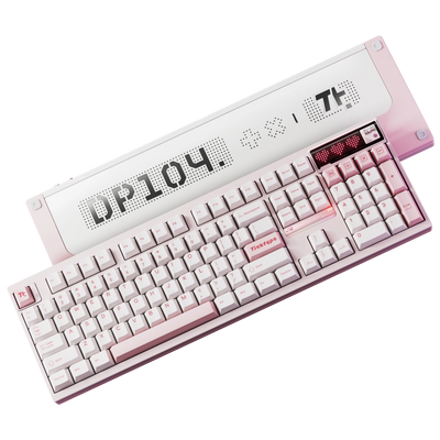 Ticktype DP104 Cat Paw Pink keyboard top and bottom view showing keycaps, LED display and DP104 logo bottom case 