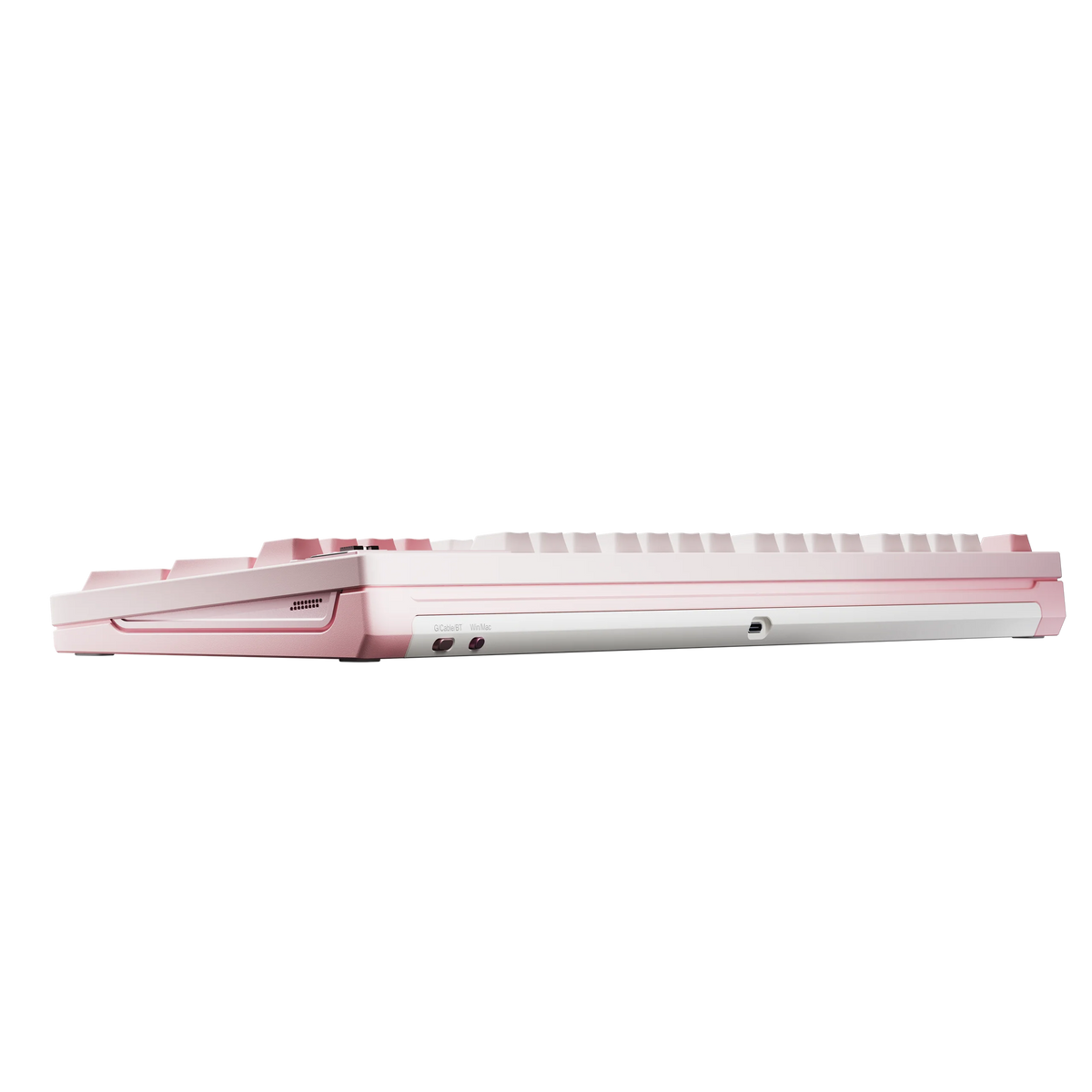 Ticktype DP104 Cat Paw Pink mechanical keyboard side profile showing typing angle, mode switches and USB-C port 