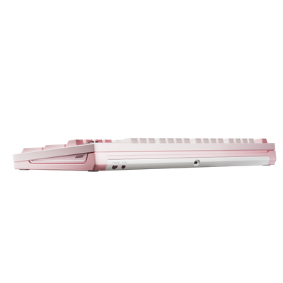 Ticktype DP104 Cat Paw Pink mechanical keyboard side profile showing typing angle, mode switches and USB-C port 