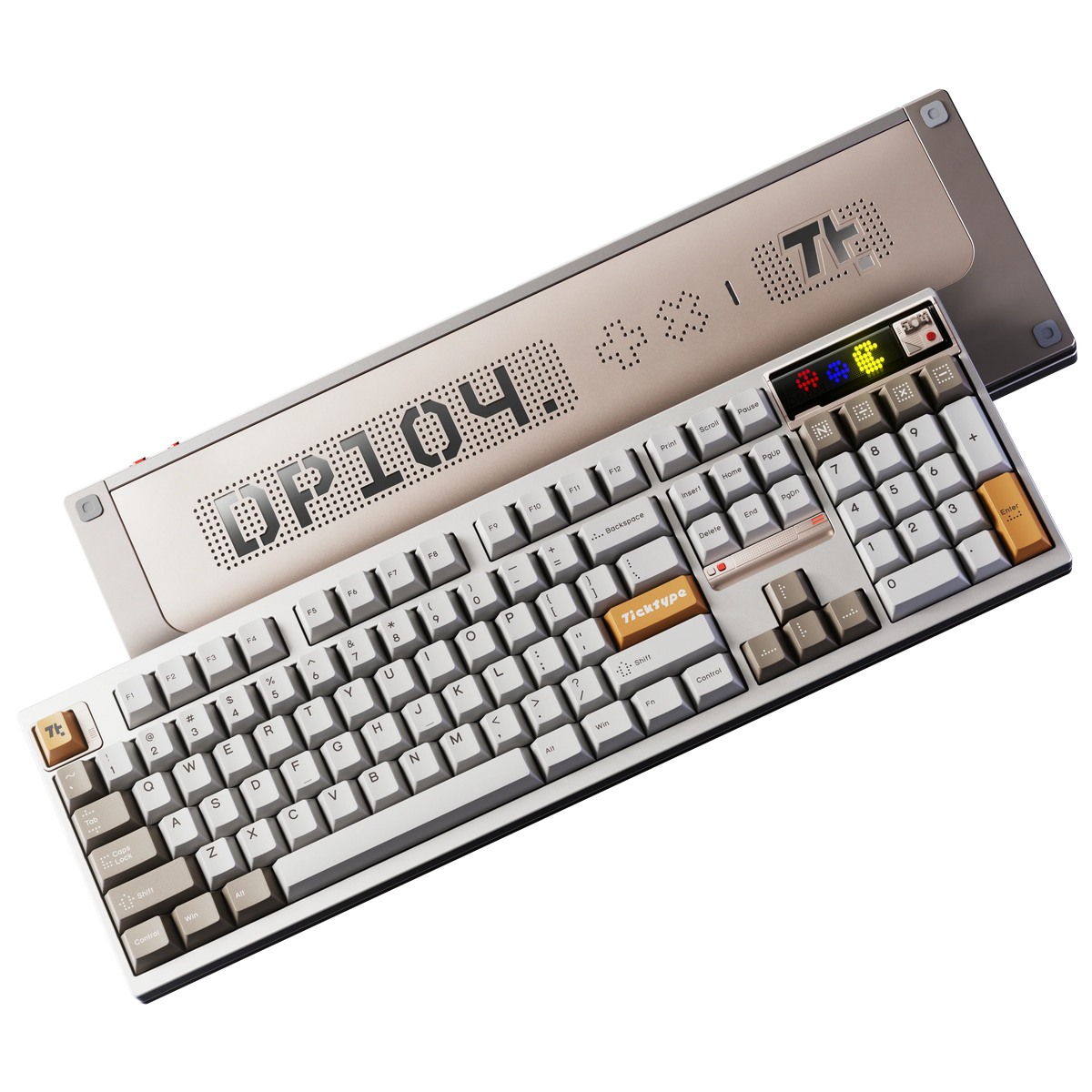 Ticktype DP104 First Light keyboard top and bottom view showing keycaps, LED display and DP104 logo bottom case 