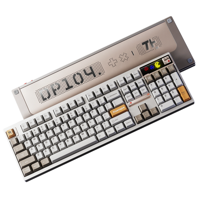 Ticktype DP104 First Light keyboard top and bottom view showing keycaps, LED display and DP104 logo bottom case 