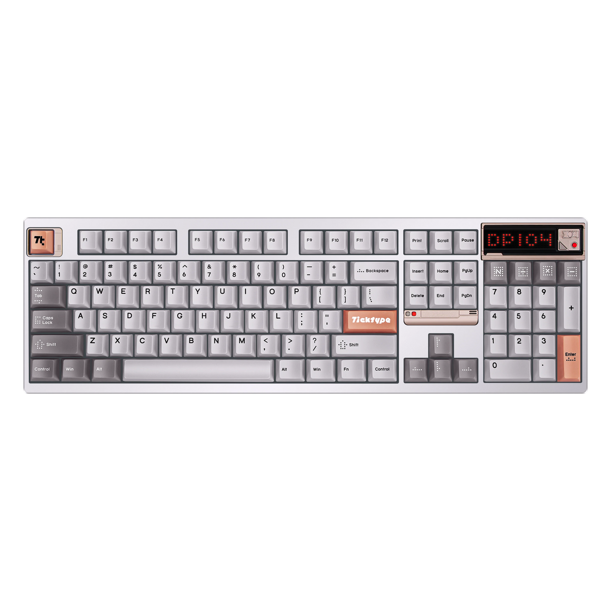 Ticktype DP104 First Light full-size mechanical keyboard top-down view showing 104-key layout and LED matrix display 