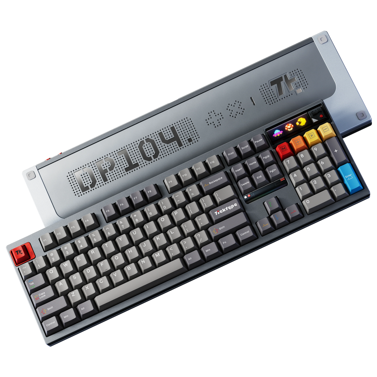 Ticktype DP104 Mecha Grey keyboard top and bottom view showing keycaps, LED display and DP104 logo bottom case 
