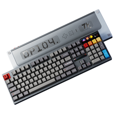 Ticktype DP104 Mecha Grey keyboard top and bottom view showing keycaps, LED display and DP104 logo bottom case 