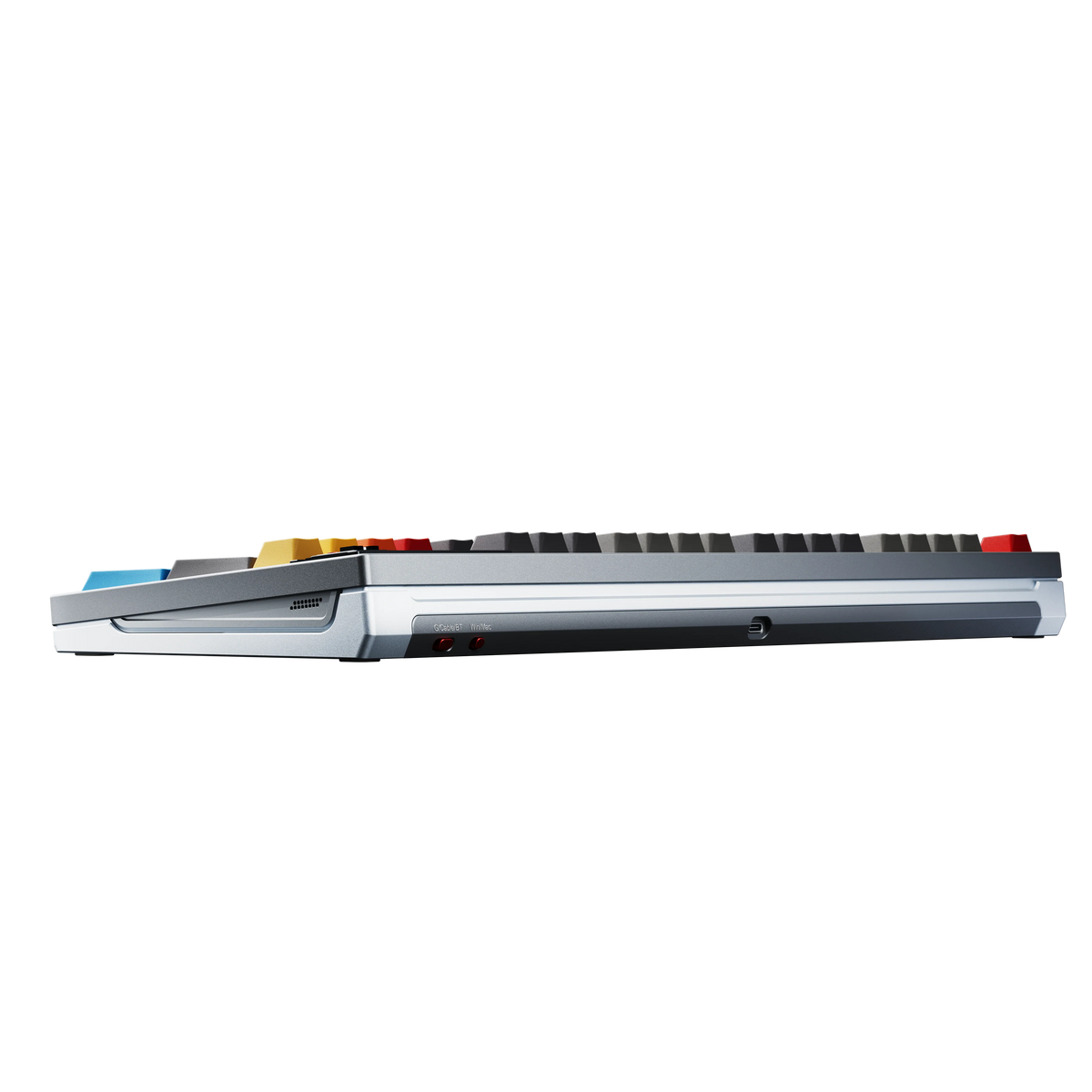 Ticktype DP104 Mecha Grey mechanical keyboard side profile showing typing angle, mode switches and USB-C port 