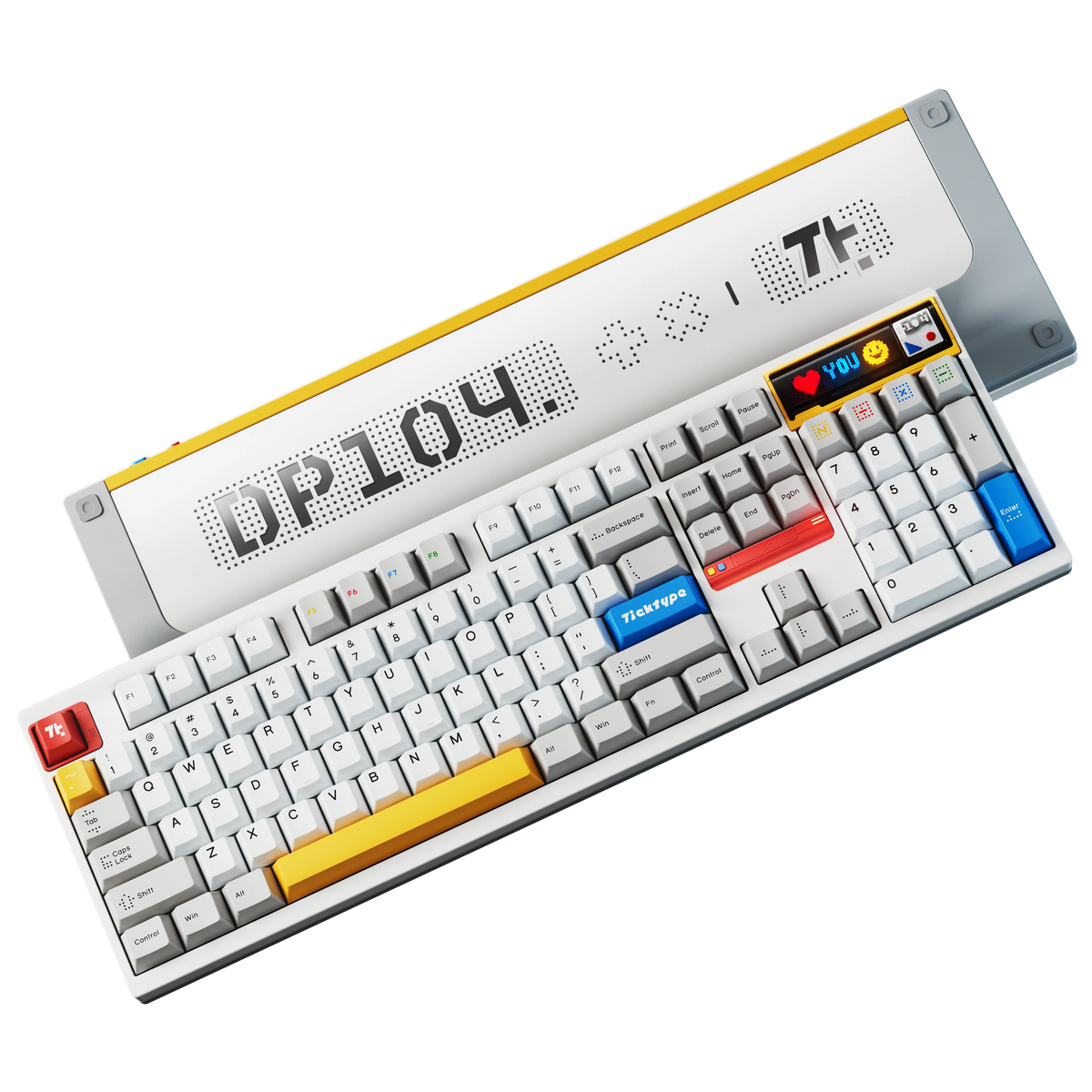 Ticktype DP104 Powder White keyboard top and bottom view showing keycaps, LED display and DP104 logo bottom case 