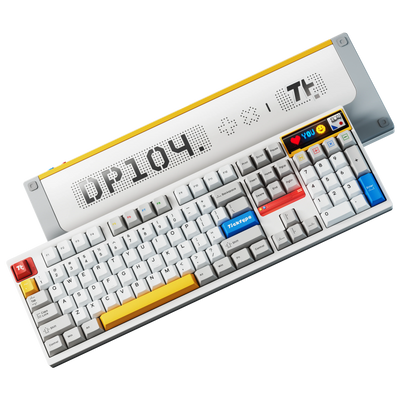 Ticktype DP104 Powder White keyboard top and bottom view showing keycaps, LED display and DP104 logo bottom case 