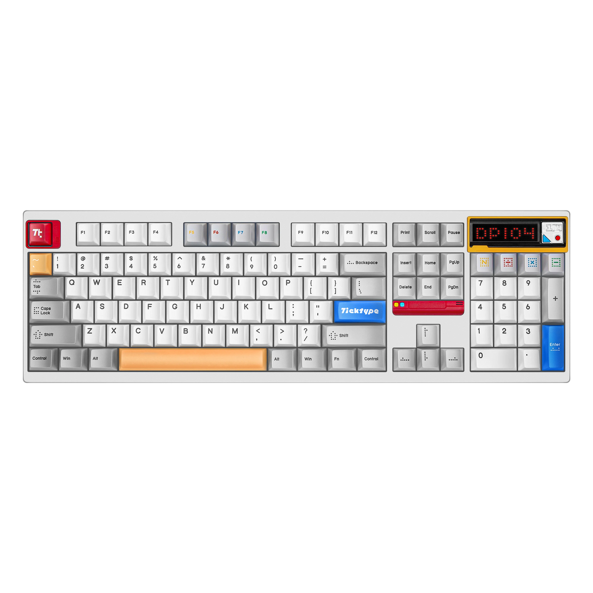 Ticktype DP104 Powder White full-size mechanical keyboard top-down view showing 104-key layout and LED matrix display 