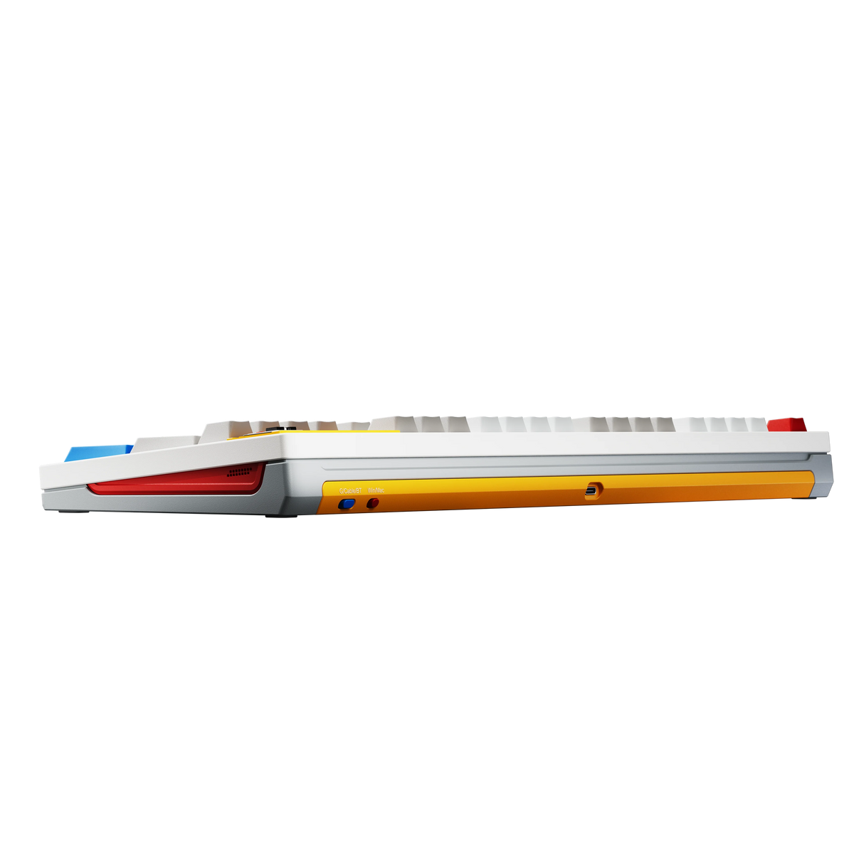 Ticktype DP104 Powder White mechanical keyboard side profile showing typing angle, mode switches and USB-C port 