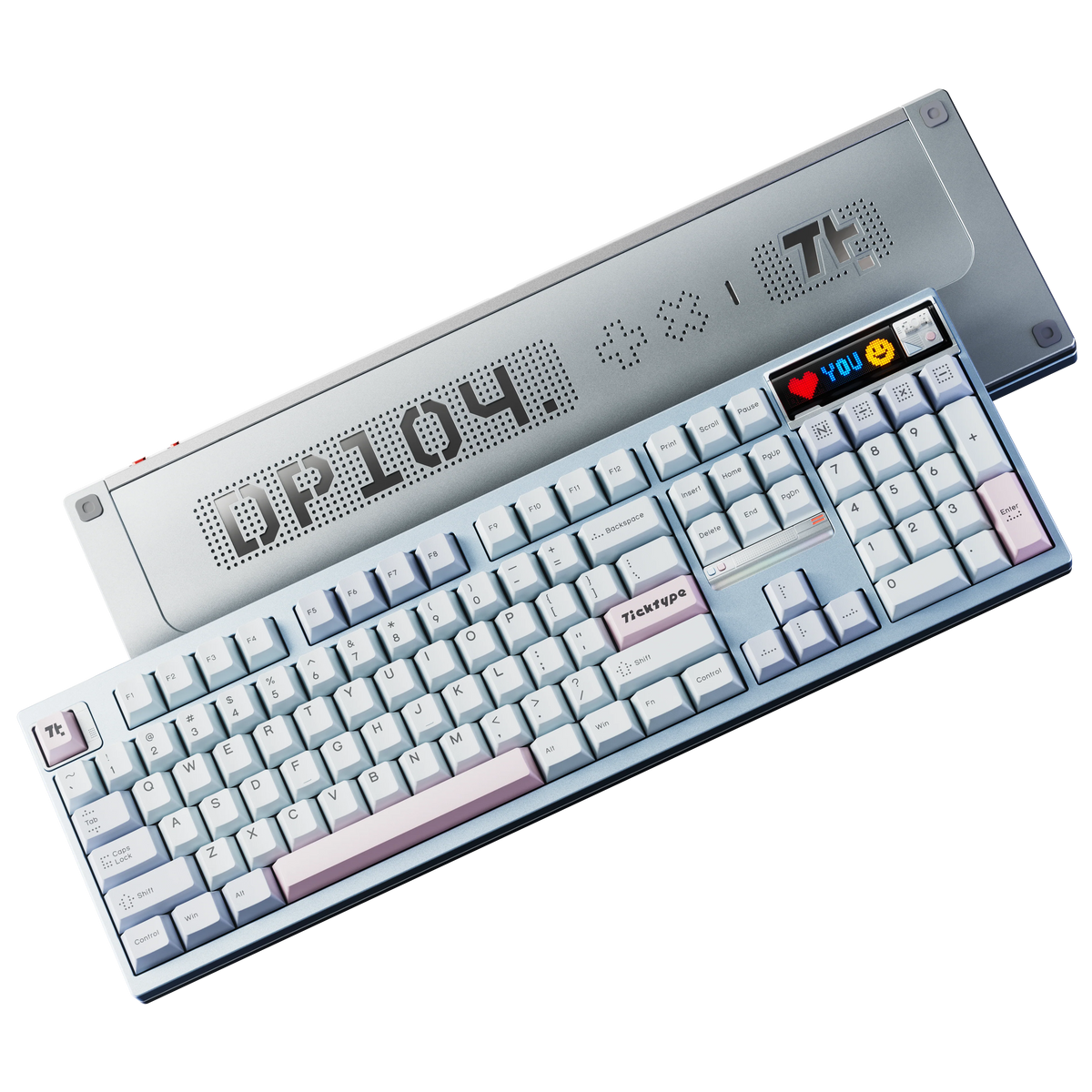 Ticktype DP104 Blue Sky keyboard top and bottom view showing keycaps, LED display and DP104 logo bottom case #choose-colour_blue-sky