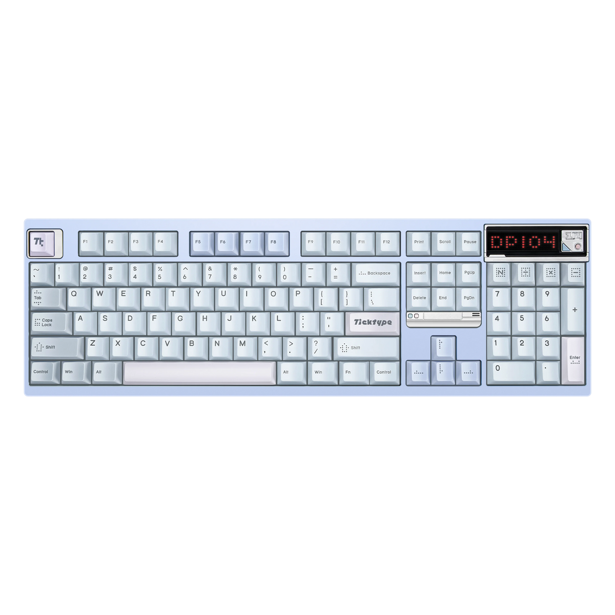 Ticktype DP104 Blue Sky full-size mechanical keyboard top-down view showing 104-key layout and LED matrix display 