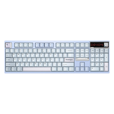 Ticktype DP104 Blue Sky full-size mechanical keyboard top-down view showing 104-key layout and LED matrix display 