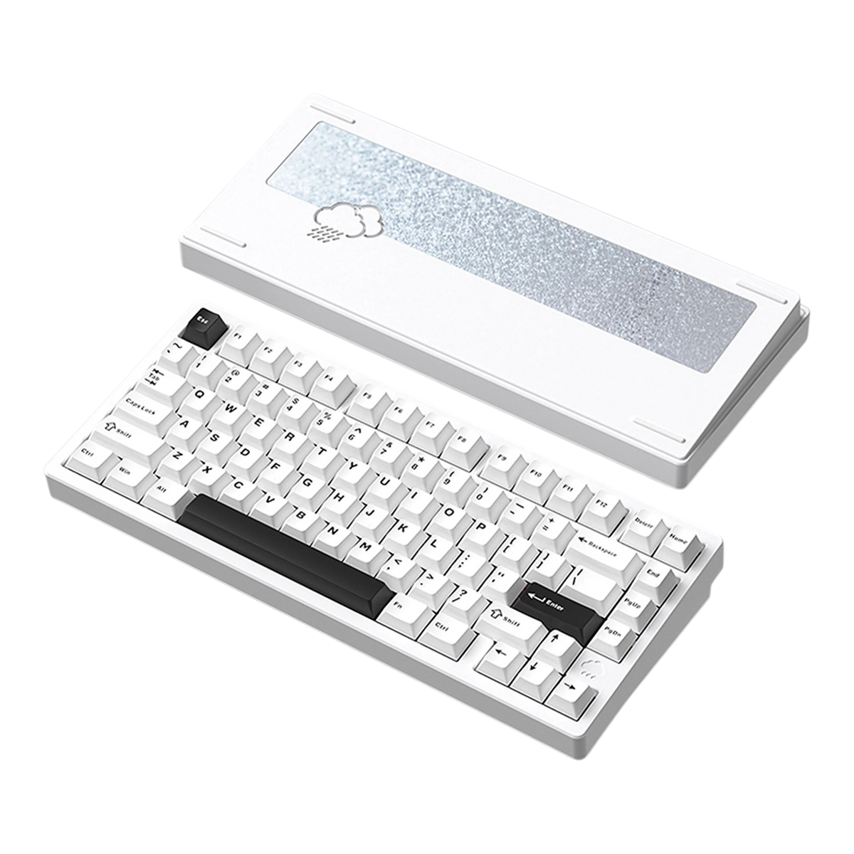 OZO Keyboards WOBKEY Rainy75 white 75% aluminum mechanical keyboard with black accents and rain cloud back design