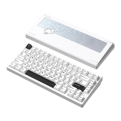 OZO Keyboards WOBKEY Rainy75 white 75% aluminum mechanical keyboard with black accents and rain cloud back design