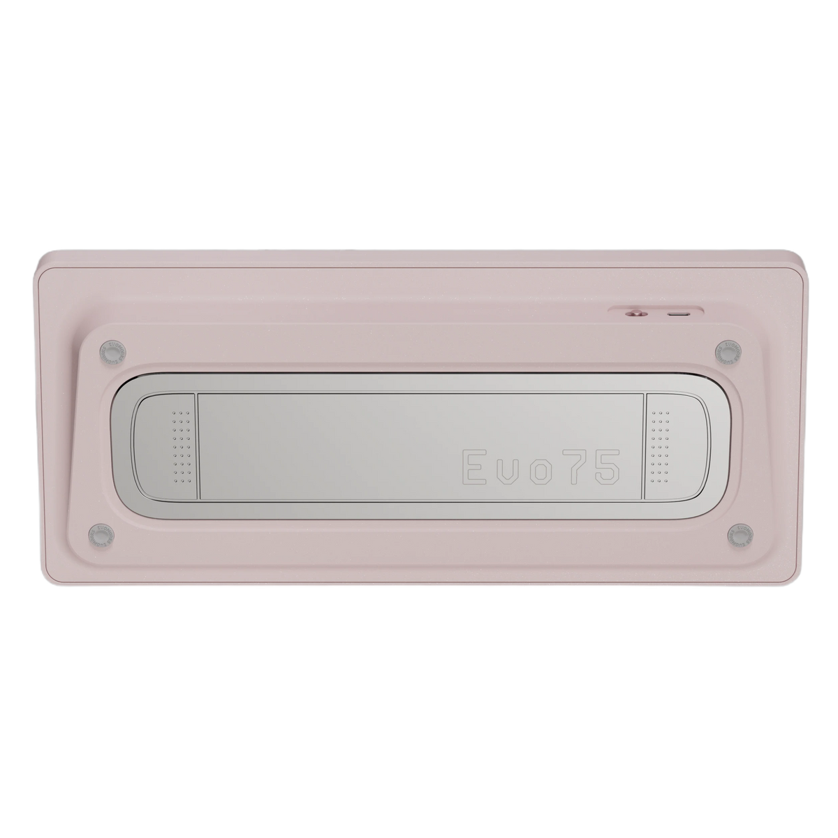 Bottom view of Evo75 wireless mechanical keyboard in Baby Pink colour, showing Evo75 logo window and USB-C port 