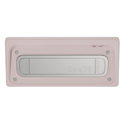 Bottom view of Evo75 wireless mechanical keyboard in Baby Pink colour, showing Evo75 logo window and USB-C port 