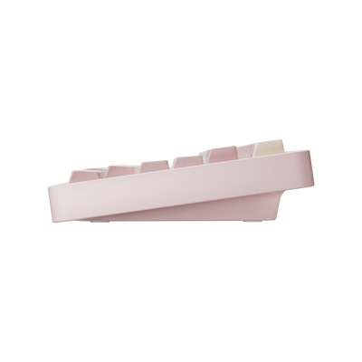 Side view of Evo75 wireless mechanical keyboard in Baby Pink colour, showing case profile and typing angle 
