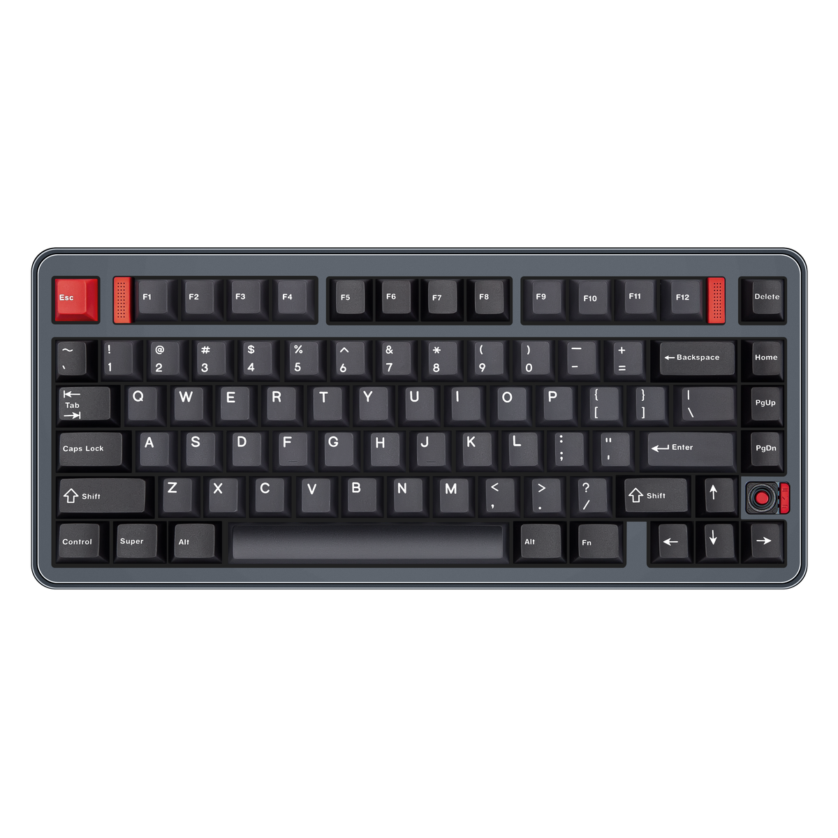 Top view of Evo75 wireless mechanical keyboard in Basalt Grey colour, ANSI 75% layout with rotary knob 