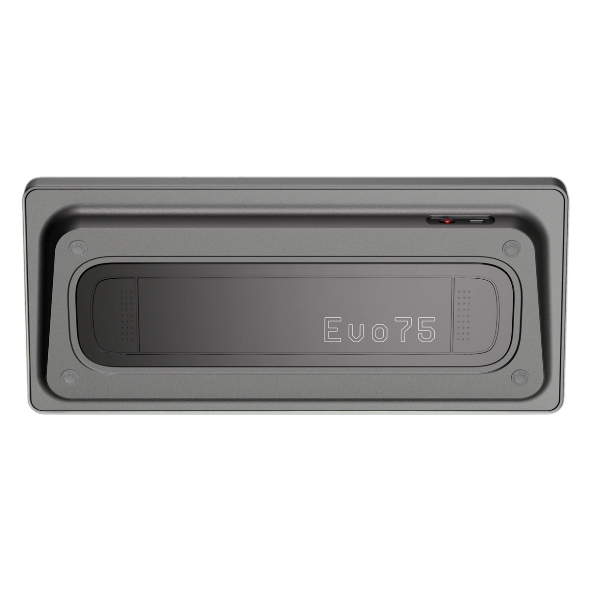 Bottom view of Evo75 wireless mechanical keyboard in Basalt Grey colour, showing Evo75 logo window and USB-C port 