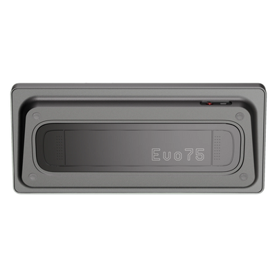 Bottom view of Evo75 wireless mechanical keyboard in Basalt Grey colour, showing Evo75 logo window and USB-C port 