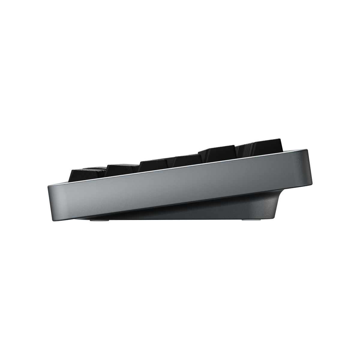 Side view of Evo75 wireless mechanical keyboard in Basalt Grey colour, showing case profile and typing angle 