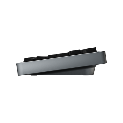 Side view of Evo75 wireless mechanical keyboard in Basalt Grey colour, showing case profile and typing angle 