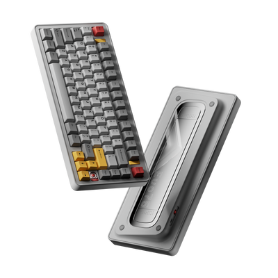 Evo75 wireless mechanical keyboard in Eclipse Grey colour, shown from the top and the bottom with Evo75 logo window 