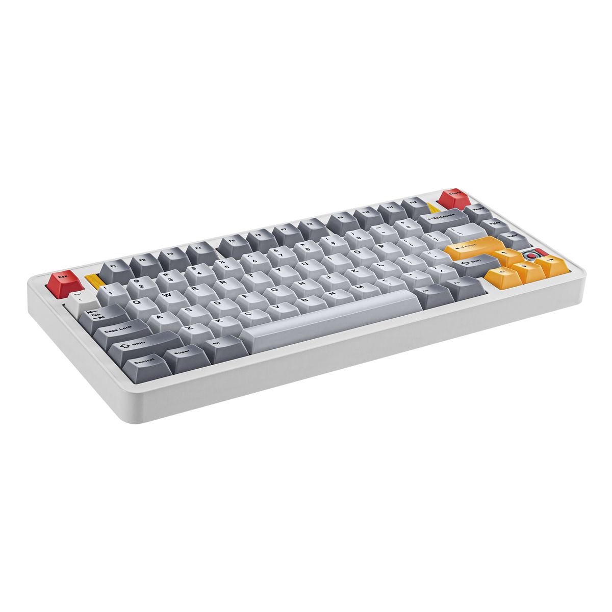 Side view of Evo75 wireless mechanical keyboard in Eclipse Grey colour, showing case profile and typing angle 