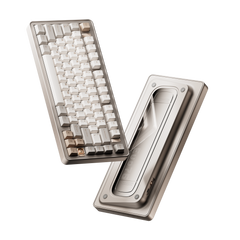 Evo75 wireless mechanical keyboard in First Light colour, shown from the top and the bottom with Evo75 logo window #color_first-light