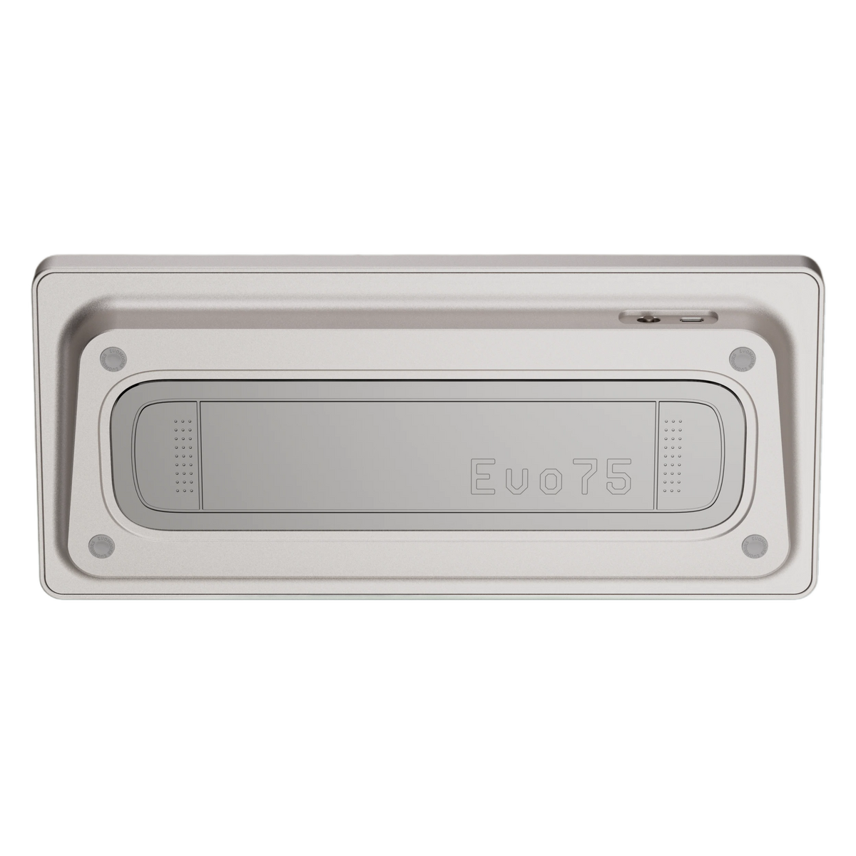Bottom view of Evo75 wireless mechanical keyboard in First Light colour, showing Evo75 logo window and USB-C port 