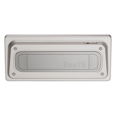 Bottom view of Evo75 wireless mechanical keyboard in First Light colour, showing Evo75 logo window and USB-C port 