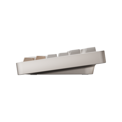 Side view of Evo75 wireless mechanical keyboard in First Light colour, showing case profile and typing angle 