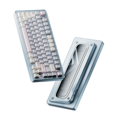 Evo75 wireless mechanical keyboard in Sky Blue colour, shown from the top and the bottom with Evo75 logo window #color_sky-blue