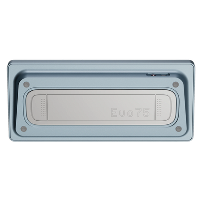 Bottom view of Evo75 wireless mechanical keyboard in Sky Blue colour, showing Evo75 logo window and USB-C port 