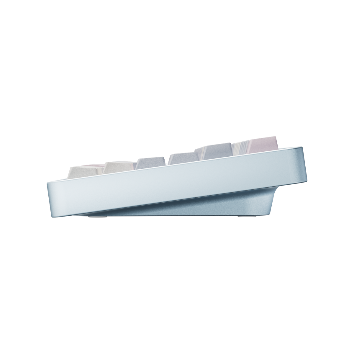 Side view of Evo75 wireless mechanical keyboard in Sky Blue colour, showing case profile and typing angle 