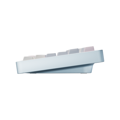 Side view of Evo75 wireless mechanical keyboard in Sky Blue colour, showing case profile and typing angle 